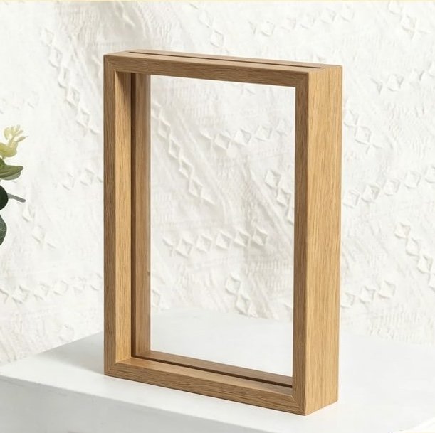 Double-Sided Floating Acrylic Frame – Natural Wood Colour
